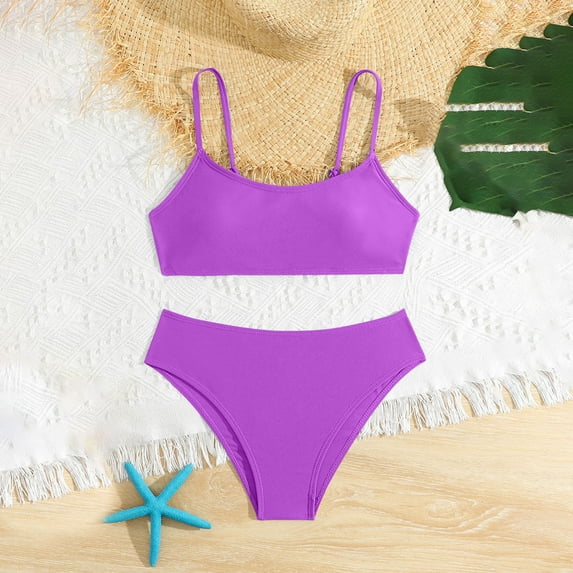 Amidoa Girls Swimsuit Solid Color Bathing Suit Two Piece Summer Swimwear,Purple,10Y