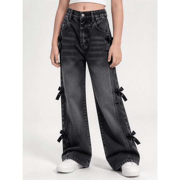 Amidoa Girls Wide Leg Denim Pants Baggy Elastic Waist Jeans Black Size 6-7Years