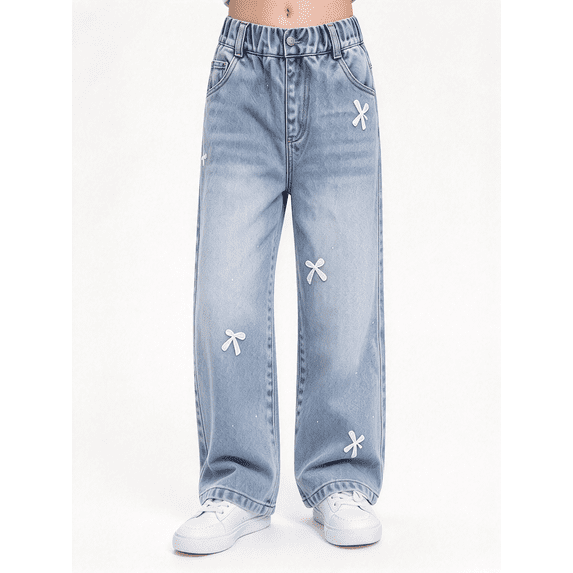 Amidoa Girls Wide Leg Denim Pants Baggy Elastic Waist Jeans Light Blue Size 11-12Years