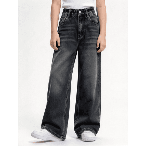 Amidoa Girls Wide Leg Denim Pants Baggy Elastic Waist Jeans Navy Size 10