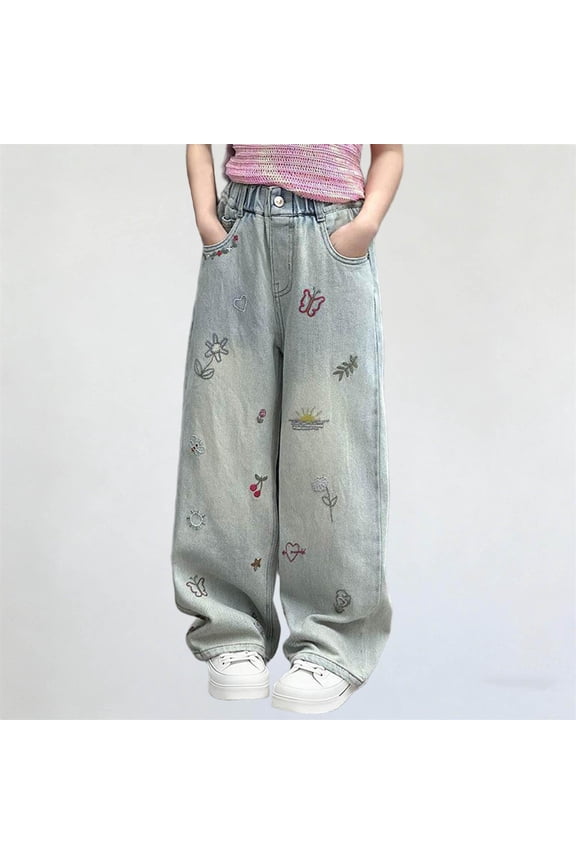 Girls Wide Leg Jeans- Baggy Casual Elastic Waist Cute Denim Pants Blue Size 12
