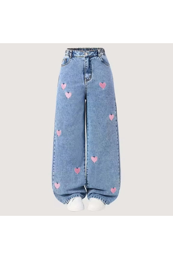 Girls Wide Leg Jeans- Baggy Casual Elastic Waist Cute Denim Pants Blue Size 12