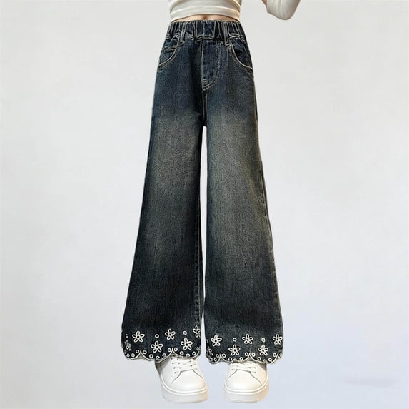 Amidoa Girls Wide Leg Jeans- Baggy Elastic Waist Cute Casual Denim Pants Blue Size 12