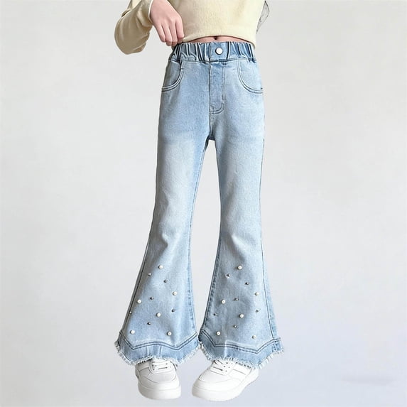 Amidoa Girls Wide Leg Jeans- Baggy Elastic Waist Cute Casual Denim Pants Blue Size 12
