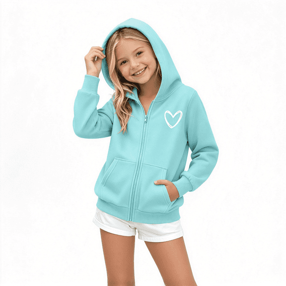 Amidoa Girls Zip Up Hoodies Long Sleeve Kids Fleece Cute Hooded Sweatshirt Fashion Casual Hoodie Fall Winter Jacket Light Blue Size 9-10 Years