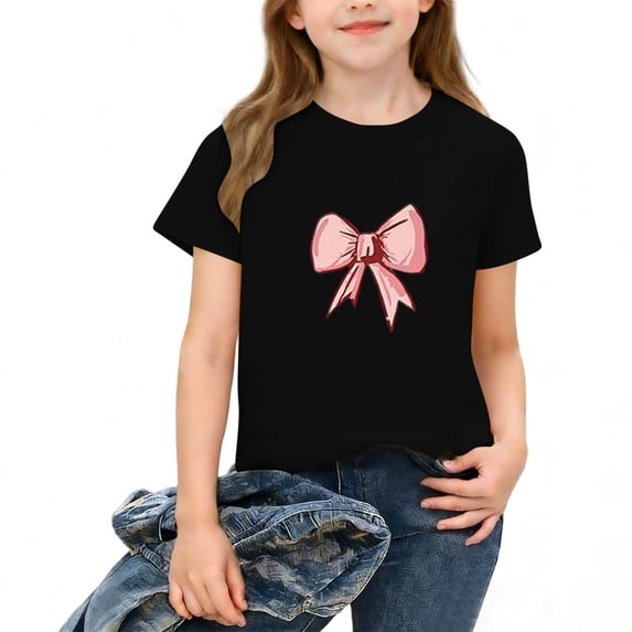 Amidoa Graphic Girls Short Sleeve Pullover Shirts Summer T Shirts Tops Crewneck Basic Kids Casual Tees,Black,5-7 Years