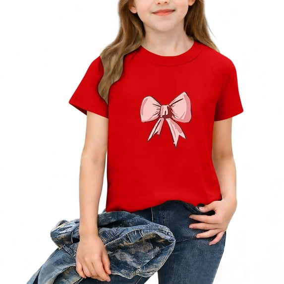 Amidoa Graphic Girls Short Sleeve Pullover Shirts Summer T Shirts Tops Crewneck Basic Kids Casual Tees,Red,5-7 Years
