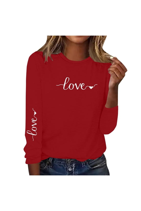 Graphic Womens Tops Trendy Red Long Sleeve Casual Valentines T-Shirt Fall Crew Neck Heart Clothes Womens Tees L