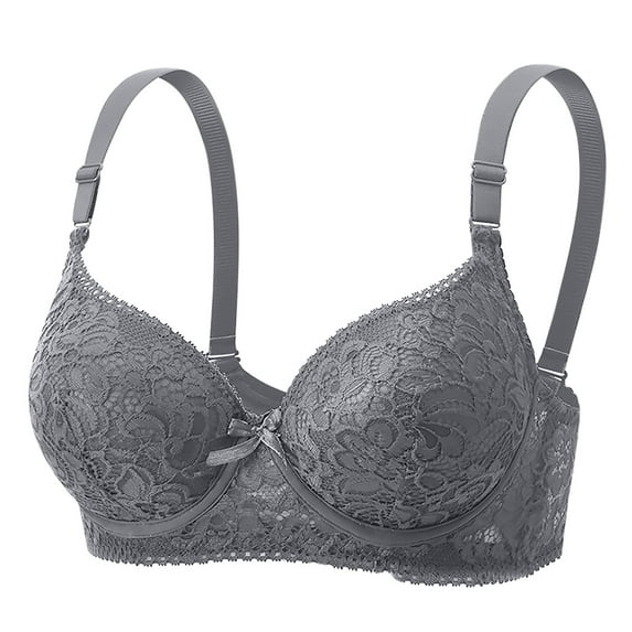 Amidoa Gray Bras for Older Women Lace Push-up Underwire Embroidered Bra Brasieres for Womens L