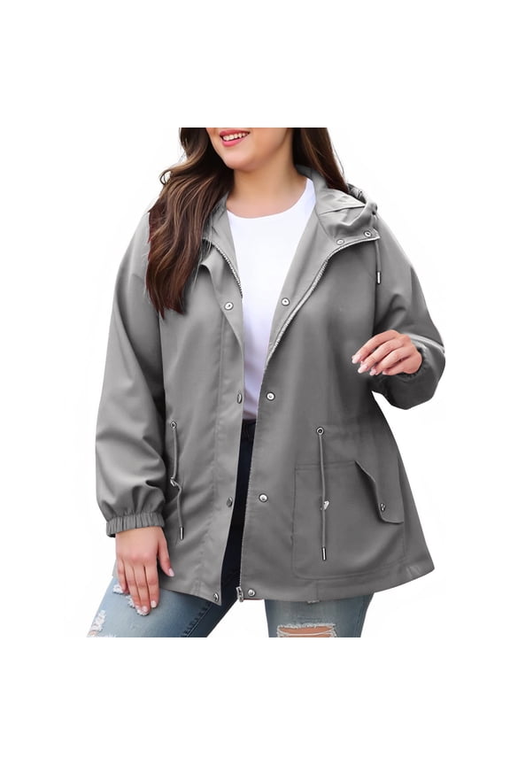 Gray Coats for Women Zipper Plus Size Windbreaker Jackets Drawstring Hooded Outerwear Jackets for Women XXL