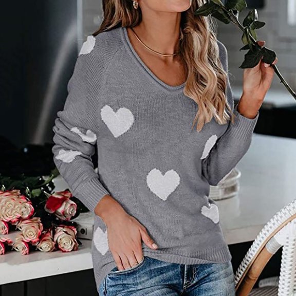Amidoa Gray Women Sweater Valentines Long Sleeve V-Neck Lightweight Long Heart Sweaters Cardigans for Women Trendy M