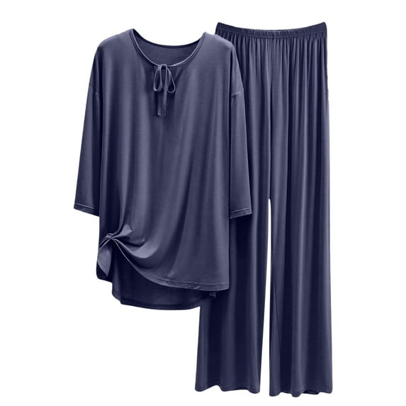 Amidoa Gray Womens Two Piece Sets 3/4 Sleeve Modal Loose Elastic Waist Lace up Blouses Tracksuit Women Sets Clothing XL