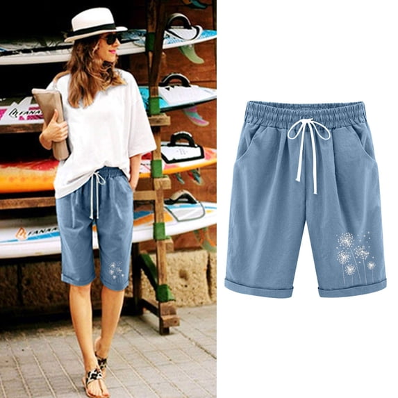 Amidoa High Rise Ladies Shorts Athletic Cotton Blend Drawstring Pockets Capris Women's Jeans Sale