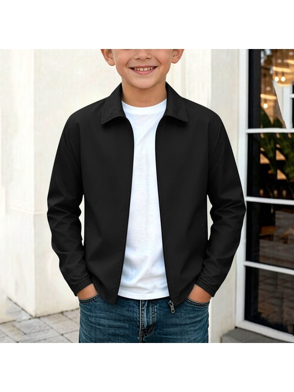 Boys Solid Color Zip-Up Jacket Classic Collar Lightweight Windbreaker Casual Outerwear for Boys Black Size 11-12