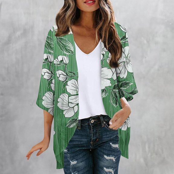 Amidoa Kimono Women's Cardigans Green 3/4 Sleeve Boho Chiffon Open Front Floral Light Cardigans Womens Sweaters S