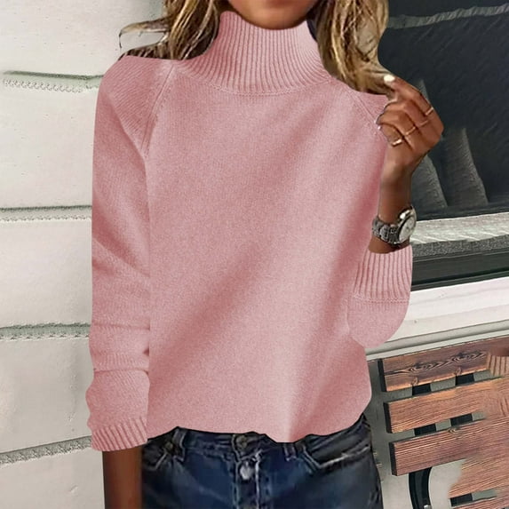 Amidoa Knit Sweater Tops for Women Long Sleeve Pink Turtleneck Solid Classic Comfy Sweaters Womens Cardigan Sweaters M