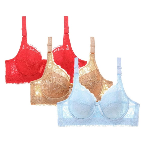 Amidoa Lace Bras for Older Women Push-up Underwire Blue Solid 3 Pcs Bras Brasiers Women XXXL