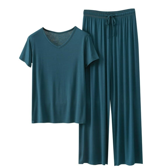 Amidoa Ladies Pajamas Sets Green V-Neck Wide-Leg Pants Plus Size Drawstring Sweatsuit Track Suits for Women Set L