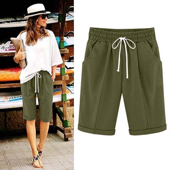 Amidoa Ladies Shorts High Waisted Casual Green Solid Drawstring Shorts Pants for Women XXL
