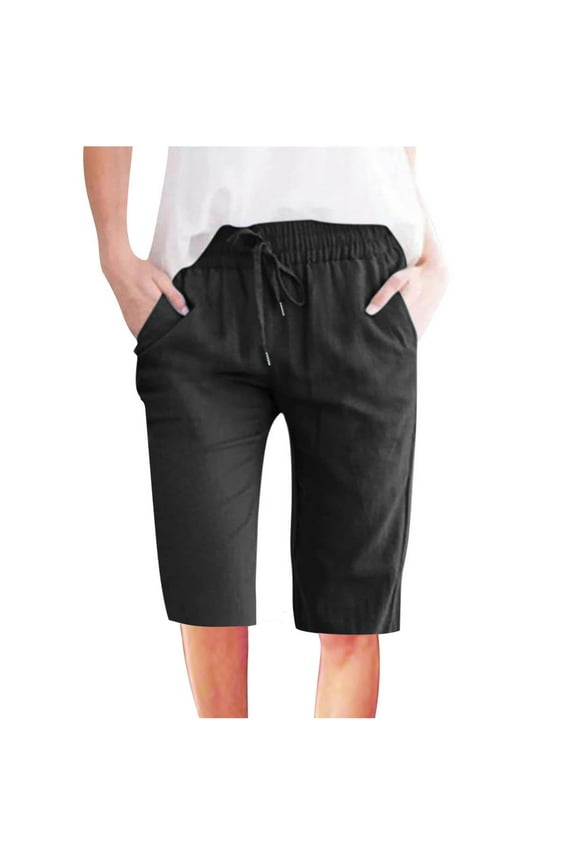 Ladies Shorts and Capris Elastic Waist Cotton Blend Drawstring Capris Leggings for Women