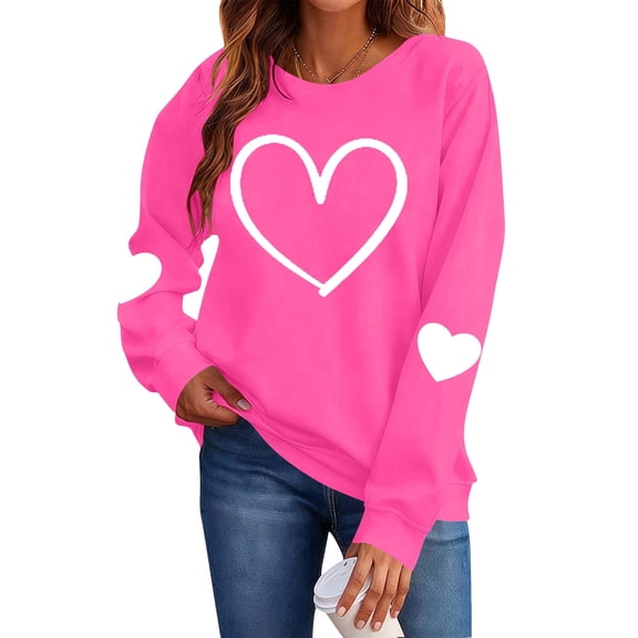 Amidoa Ladies Tops Dressy Valentines Long Sleeve Pink Sweatshirts Heart Pullover Teacher Blouses Women's Sweatshirts XS
