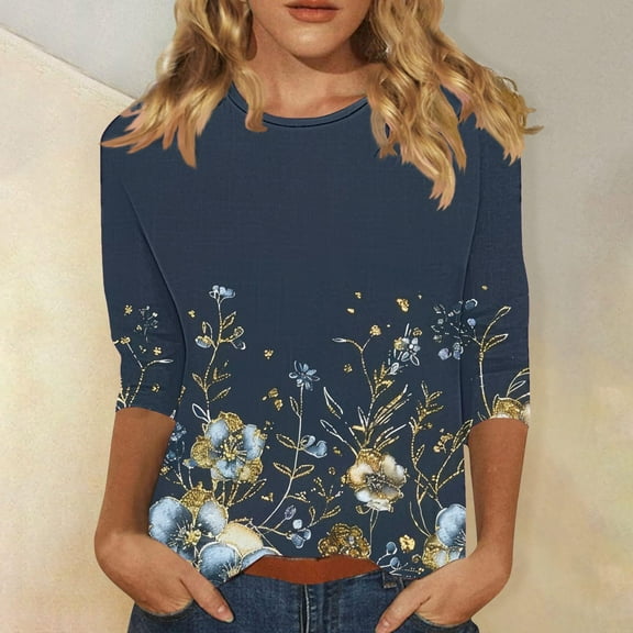 Amidoa Ladies Tops Floral Plus Size 3/4 Sleeve Crewneck Graphic Tees Womens Shirts XXXL