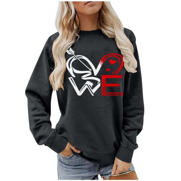 Amidoa Ladies Tops Long Sleeve Gray Graphic Valentines Day Tees Round Neck Love Heart Teacher Sweatshirts Women Blouse M