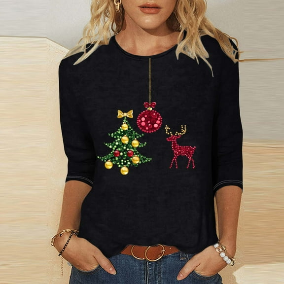 Amidoa Ladies Tops Sparkly 3/4 Sleeve Boat Neck Christmas Loose Dressy Graphic Blouses Women's Blouse XXXXXL