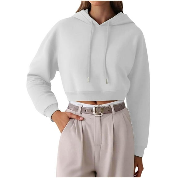 Amidoa Lantern Women Hoodies White Cropped Long Sleeve Hoodies Hooded Solid Drawstring Sweatshirts Women’S Blouses XS