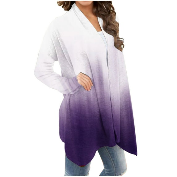 Amidoa Long Sleeve Cardigans for Women Soft Open Front White Plus Size Long Gradient Color Cardigans Women's Sweaters S