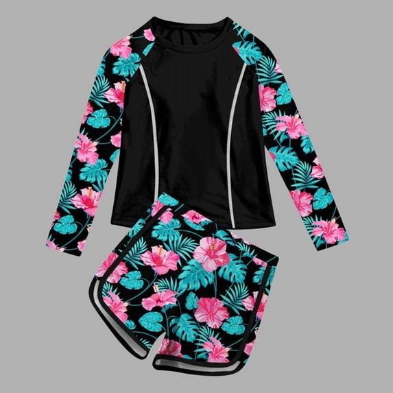 Amidoa Long Sleeve Girls Swimsuit Rash Guards Bathing Suit Swim Set Floral Print Summer Swimwear,Black,2 Years