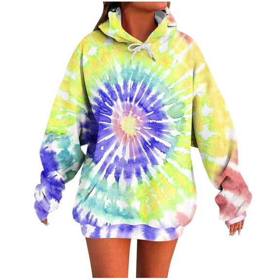 Amidoa Long Sleeve Hoodie Women Oversized Yellow Fashion Hoodies Drawstring Pocket Tie Dye Clothes Women Blouse S