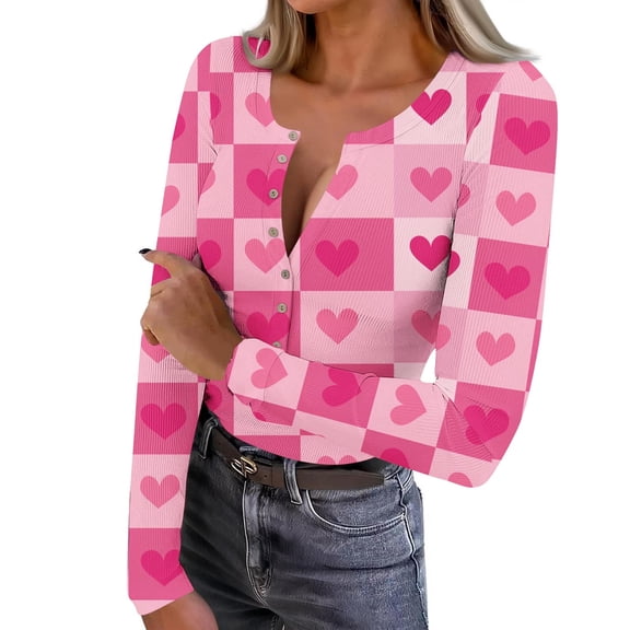 Amidoa Long Sleeve Ladies Tops Knit Pink Valentines Cute Tunic Buttons Slim Fit Heart Colorful Tops Women's Sweatshirt M