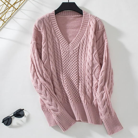 Amidoa Long Sleeve Sweater Tops for Women V-Neck Cable Knit Pink Fall Solid Lightweight Sweaters Cardigans for Women S