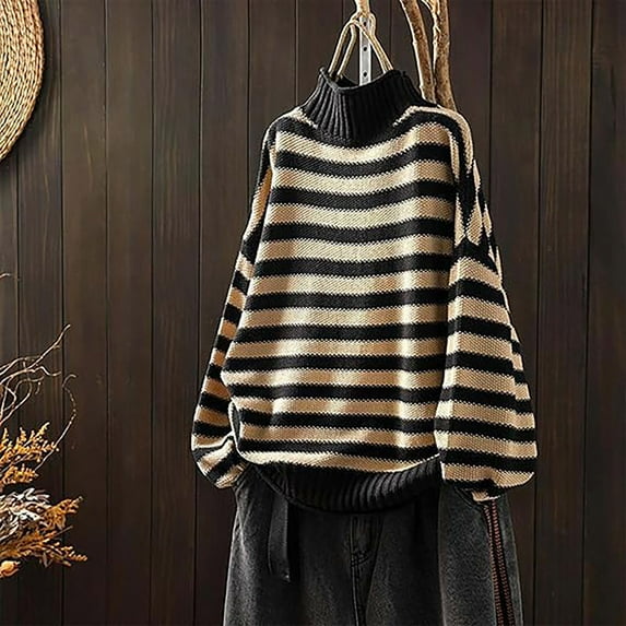 Amidoa Long Sleeve Sweaters for Women 2025 Plus Size Black Striped Vintage Turtleneck Sweaters Cardigans for Women Free Size