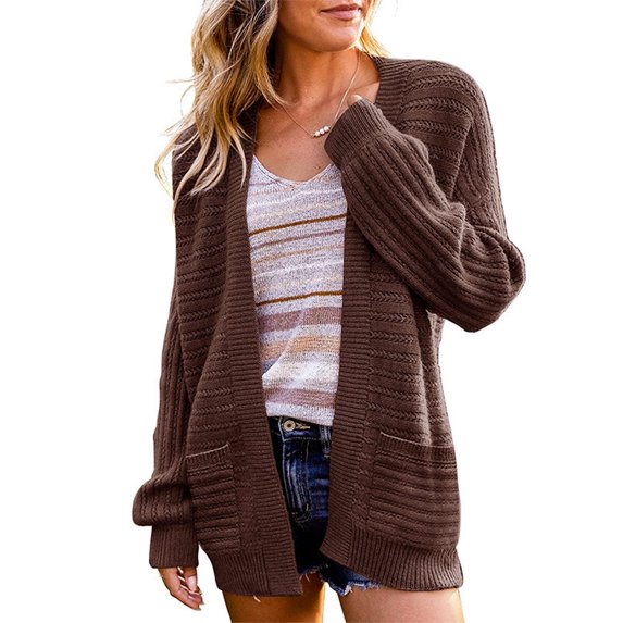 Amidoa Long Sleeve Sweaters for Women Cardigan Bronze Knit Open Front Long Pockets Solid Cardigans Womens Cardigans L