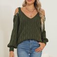 thumbnail image 1 of Amidoa Long Sleeve Sweaters for Women Green V-Neck Off the Shoulder Cheeky Cable Knit Sweaters Women's Sweaters L, 1 of 3