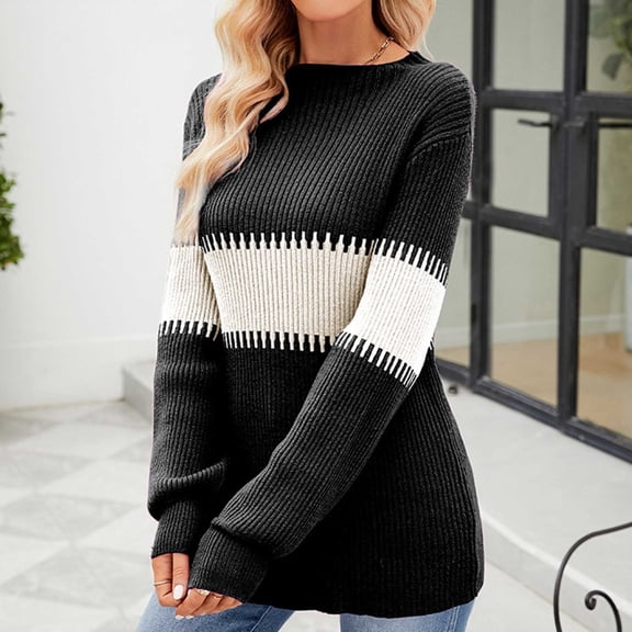 Amidoa Long Sleeve Women Sweater Long White Plus Size Dressy Pullover Colorblock Sweaters Women's Cardigans M