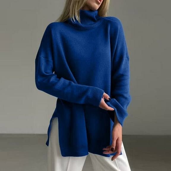 Amidoa Long Sleeve Women Sweater Turtleneck Long Blue Chunky Side Split Sweaters Women's Cardigans/Sweaters Free Size