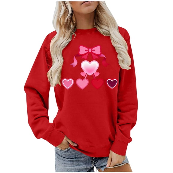 Amidoa Long Sleeve Women Tops Valentines Day Crewneck Cute Red Sweatshirts Pullover Spring Heart Clothes Womens Tees M