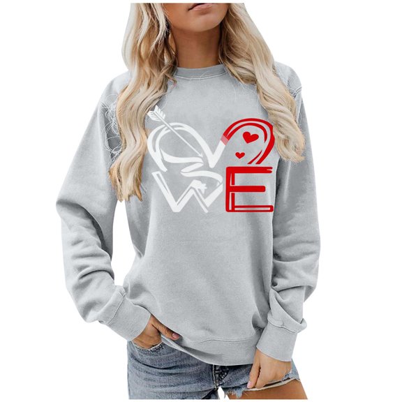 Amidoa Long Sleeve Women Tops Valentines Day Gray Graphic Tees Teacher Round Neck Love Heart Sweatshirts Women T Shirt S