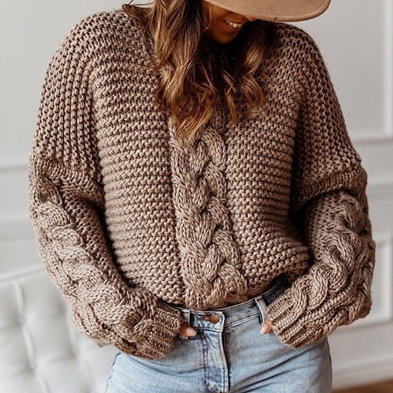 Amidoa Long Sleeve Women's Sweaters V-Neck Brown Cable Knit Winter Oversized Solid Sweaters Womens Cardigan Sweaters M
