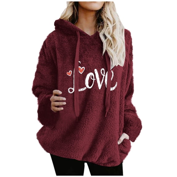 Amidoa Long Sleeve Womens Hoodies Cute Fleece Red Hoodies Drawstring Fuzzy Graphic Winter Tops Women Shirts L