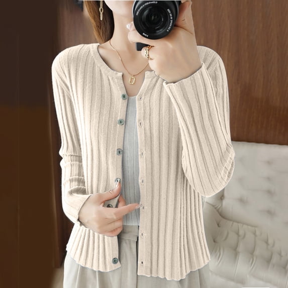 Amidoa Long Sleeve Womens Sweater Cardigan Beige Button up Knit Solid Light Cardigans Cardigans for Women Trendy L