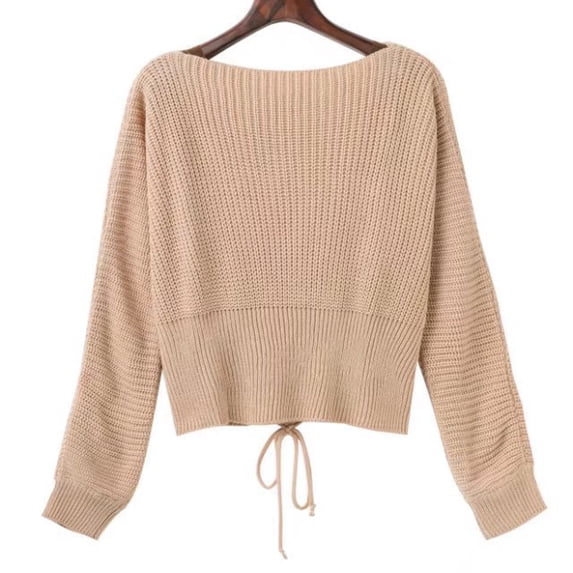 Amidoa Long Sleeve Womens Sweater Pink Crop Pullover Lace up Solid Crew Neck Sweaters Womens Sweaters Cardigan Free Size