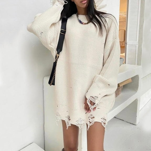 Amidoa Long Sleeve Womens Sweater Ripped White Plus Size Crewneck Dressy Long Solid Sweaters Womens Cardigan Sweaters XL