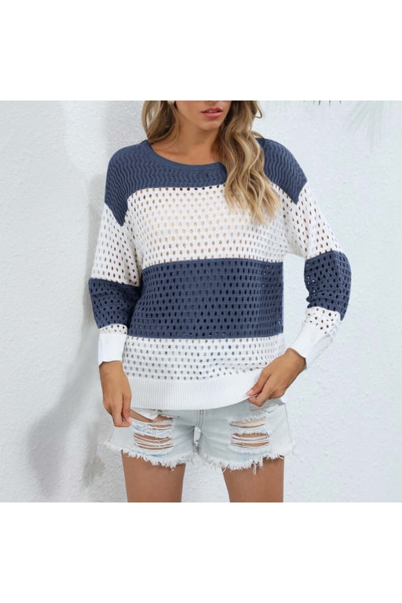 Long Sleeve Womens Sweaters Blue Cutout Crochet Lightweight Colorblock Sweaters Womens Cardigan Sweaters S