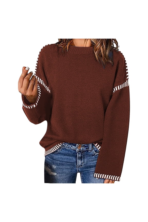 Long Sleeve Womens Sweaters Knit Red Pullover Crew Neck Patchwork Loose Sweaters Womens Cardigan Sweaters M