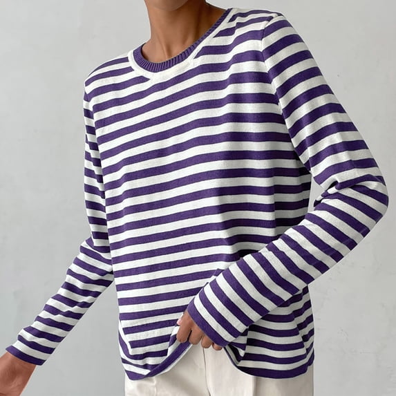 Amidoa Long Sleeve Womens Sweaters Striped Classic Purple Lightweight Pullover Fall Sweaters Cardigans for Women S