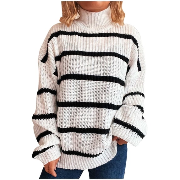 Amidoa Long Sleeve Womens Sweaters Turtleneck White Striped Pullover Winter Loose Sweaters Cardigans for Women Trendy S
